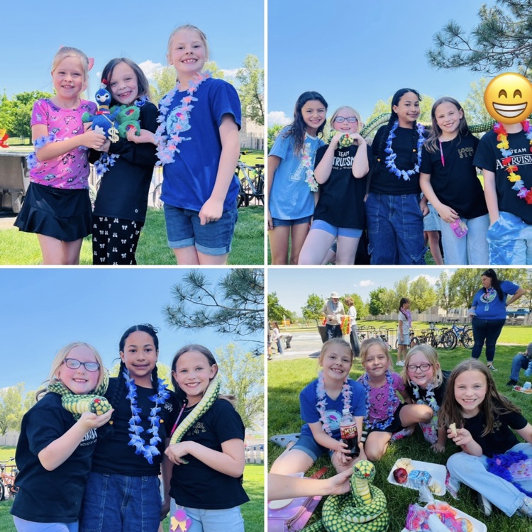 2nd graders enjoying their outdoor Luau lunch 