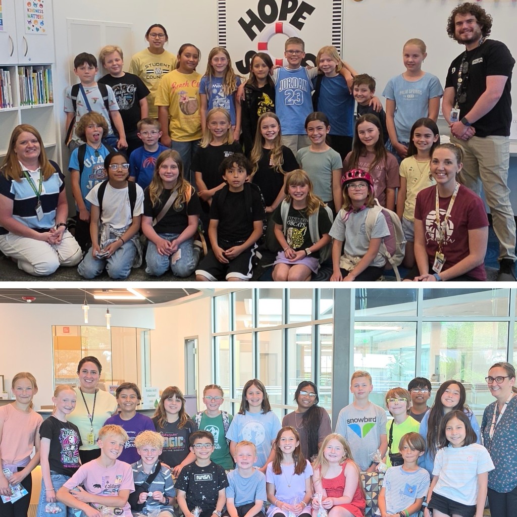 Two group photos show Bountiful Elementary students selected for next year’s Student Council and Hope Squad. In the top photo, students and staff pose together in front of a Hope Squad display in the school library. In the bottom photo, another group of smiling students and staff pose together in a bright school hallway. The image celebrates student leadership, kindness, service, and positive school culture at Bountiful Elementary.