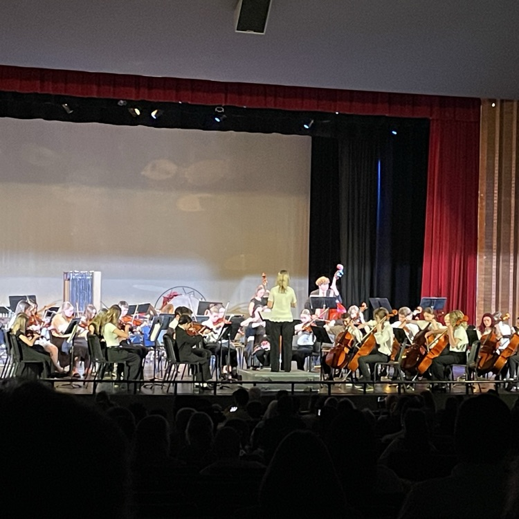 A student orchestra performs on stage during a school concert while a conductor leads from the center. String musicians sit in sections across the stage, and audience members are visible in the darkened auditorium.