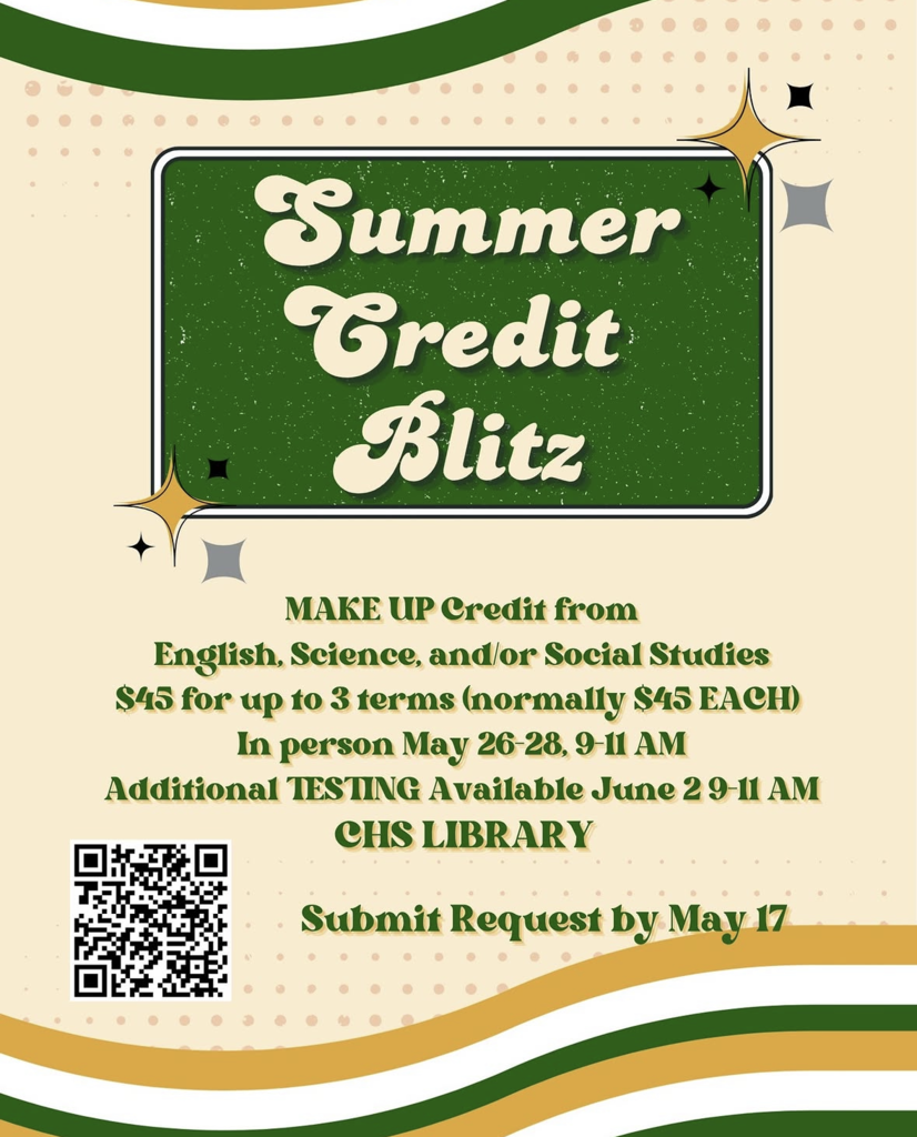 Summer Credit Makeup for English, Science and/or Social Studies. Scan the QR code to register by May 17th