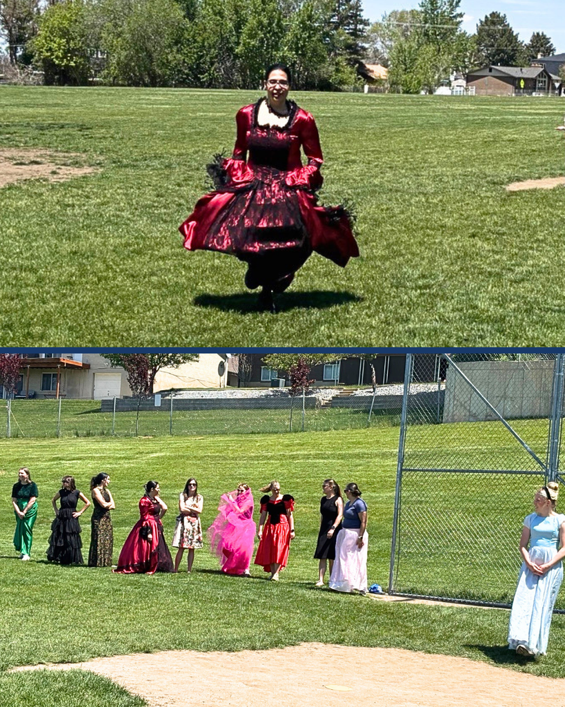 Moms in ball gowns playing kickball.