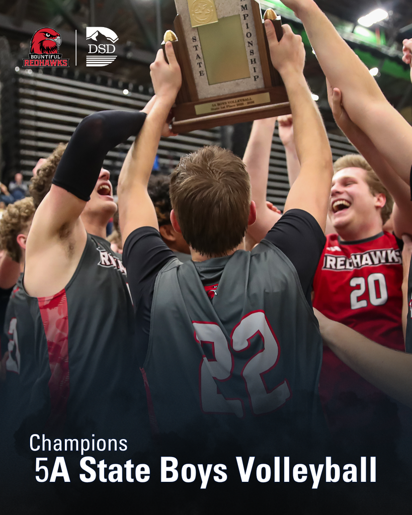 Students holding up a State Championship trophy. Bountiful Redhawks Champions 5A State Boys Volleyball
