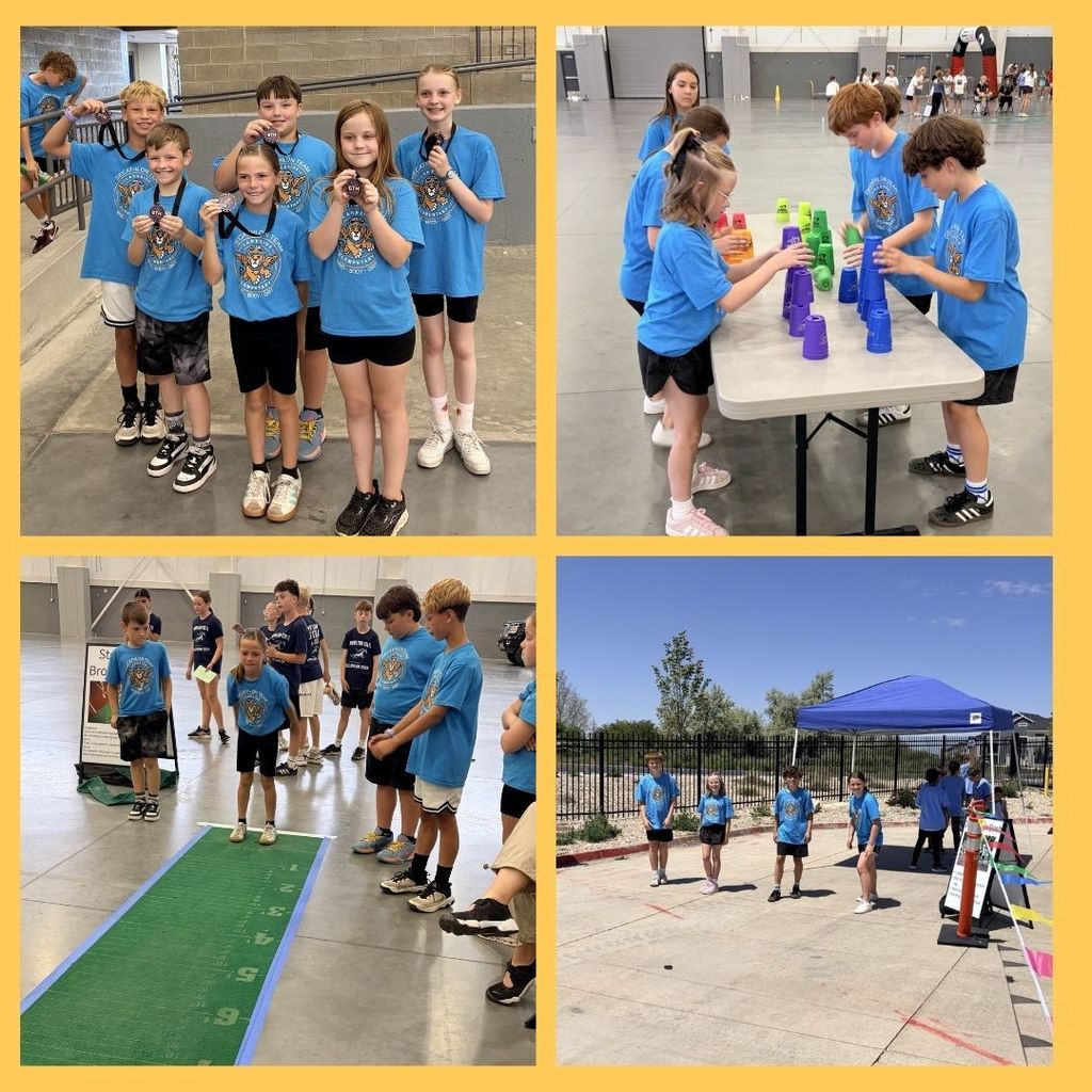Students compete in the decathlon by running, jumping, cup stacking.