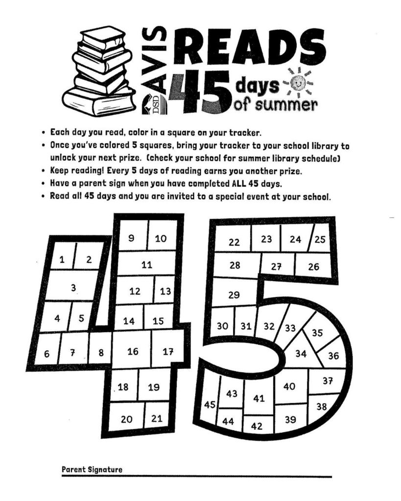 A black-and-white “Davis Reads 45 Days of Summer” reading tracker. The page explains the summer reading challenge, including coloring in a square for each day read, earning prizes every 5 days, and attending a special event after completing all 45 days. A large number “45” is divided into numbered sections for students to color in as they complete reading days.