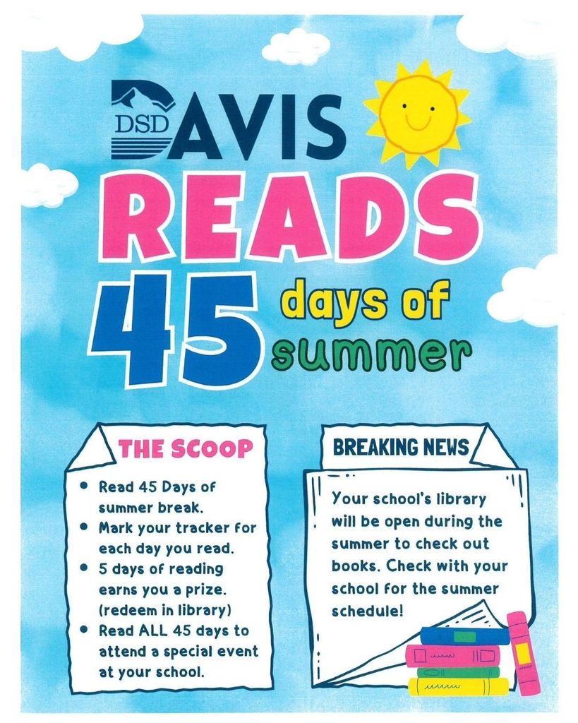 Image 1: A colorful “Summer Library” flyer with a bright blue sky background, sunshine, clouds, trees, and children reading outdoors. The flyer lists Odyssey’s summer library dates and times from 10:00–11:30 a.m. on Wednesdays throughout the summer. A note at the bottom reminds families that August 5 is the last day to check out books and all books are due August 12.
