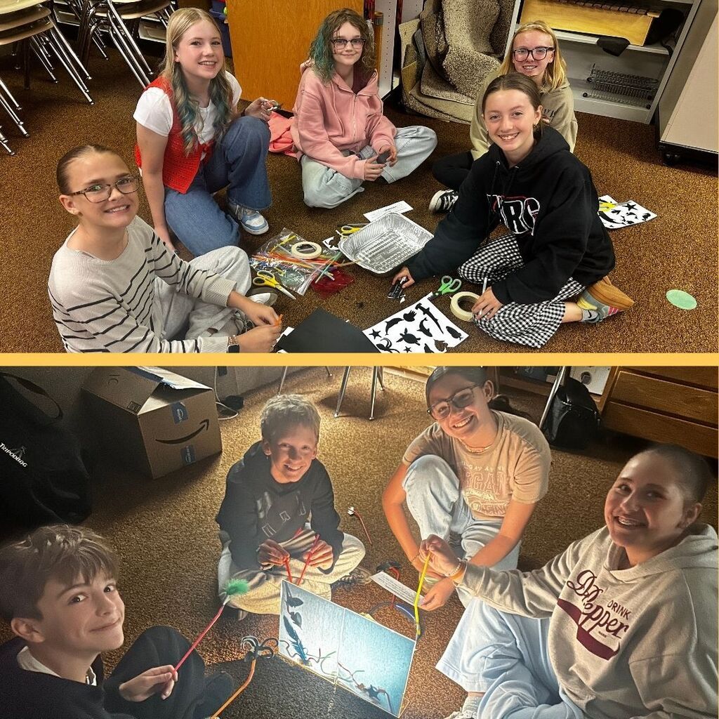 Students work with puppets and lights to create a puppet show.