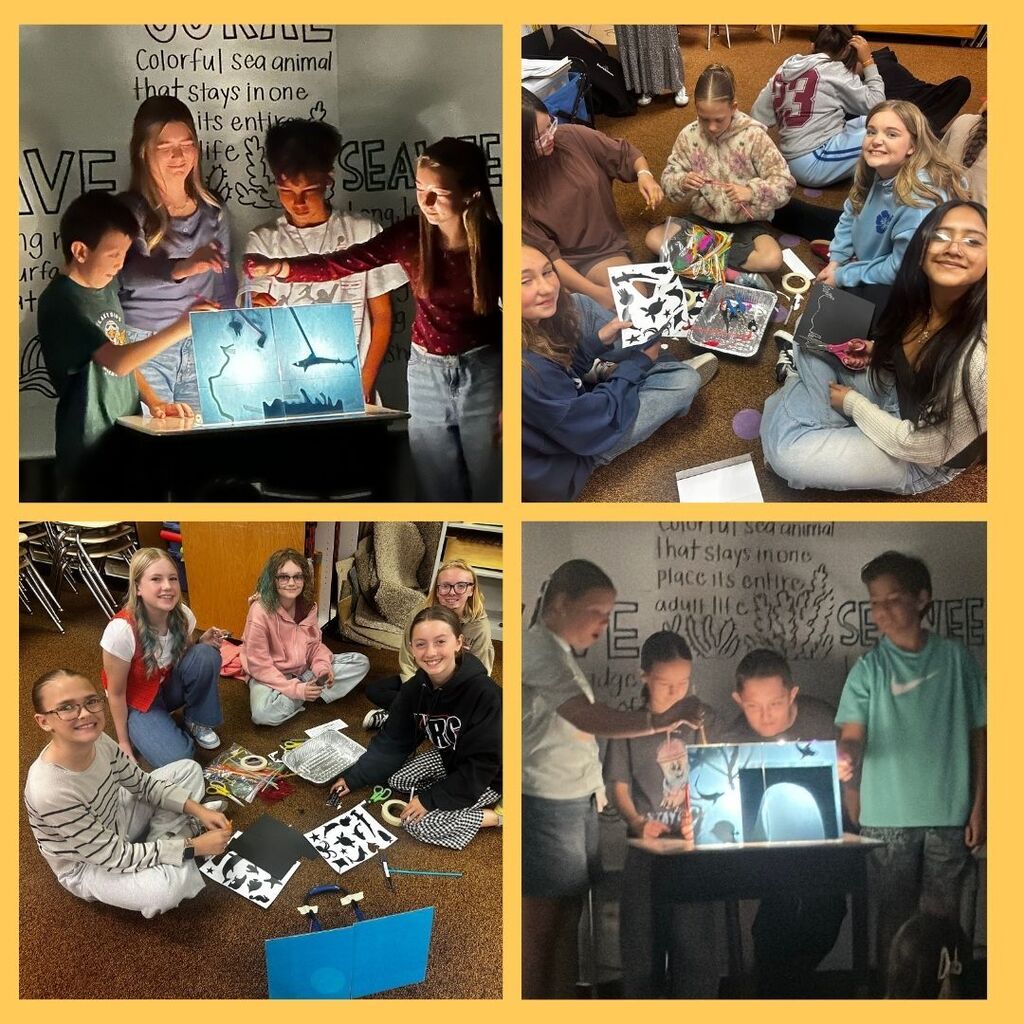 Students work with puppets and lights to create a puppet show.