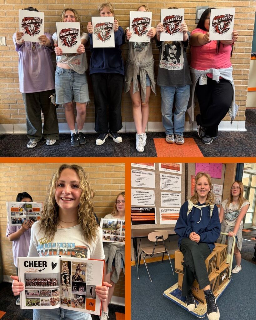 Groups of students hold different pages of the yearbook open
