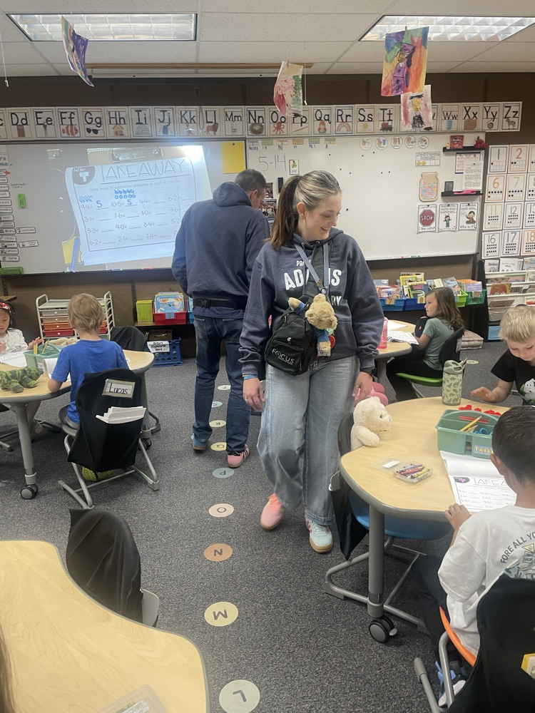 Mrs. Burns joining Kinder for Teddy Bear Day