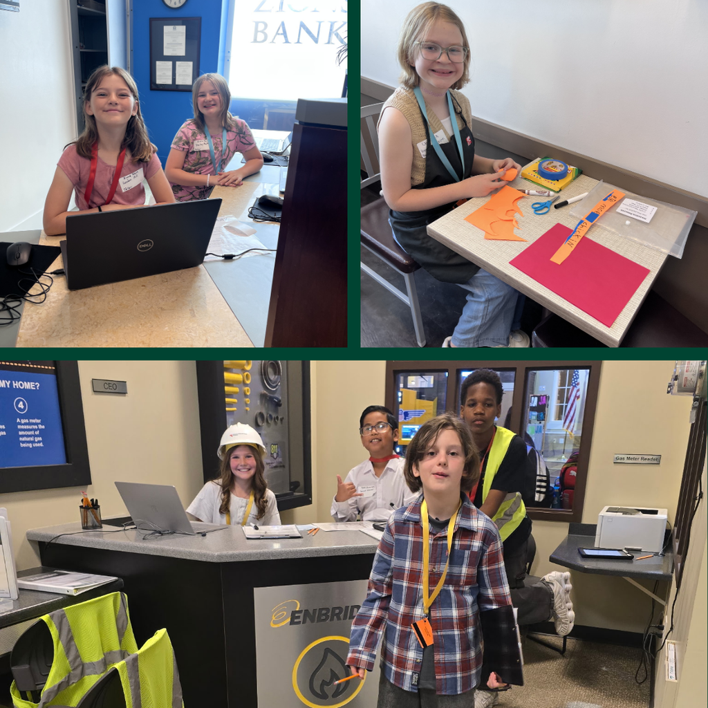 Photo collage from the 5th grade JA City/BizTown field trip showing students working in different job roles. Students are pictured at a bank computer station, creating materials at a desk, and working together at an Enbridge business station with laptops, clipboards, safety vests, and name badges.