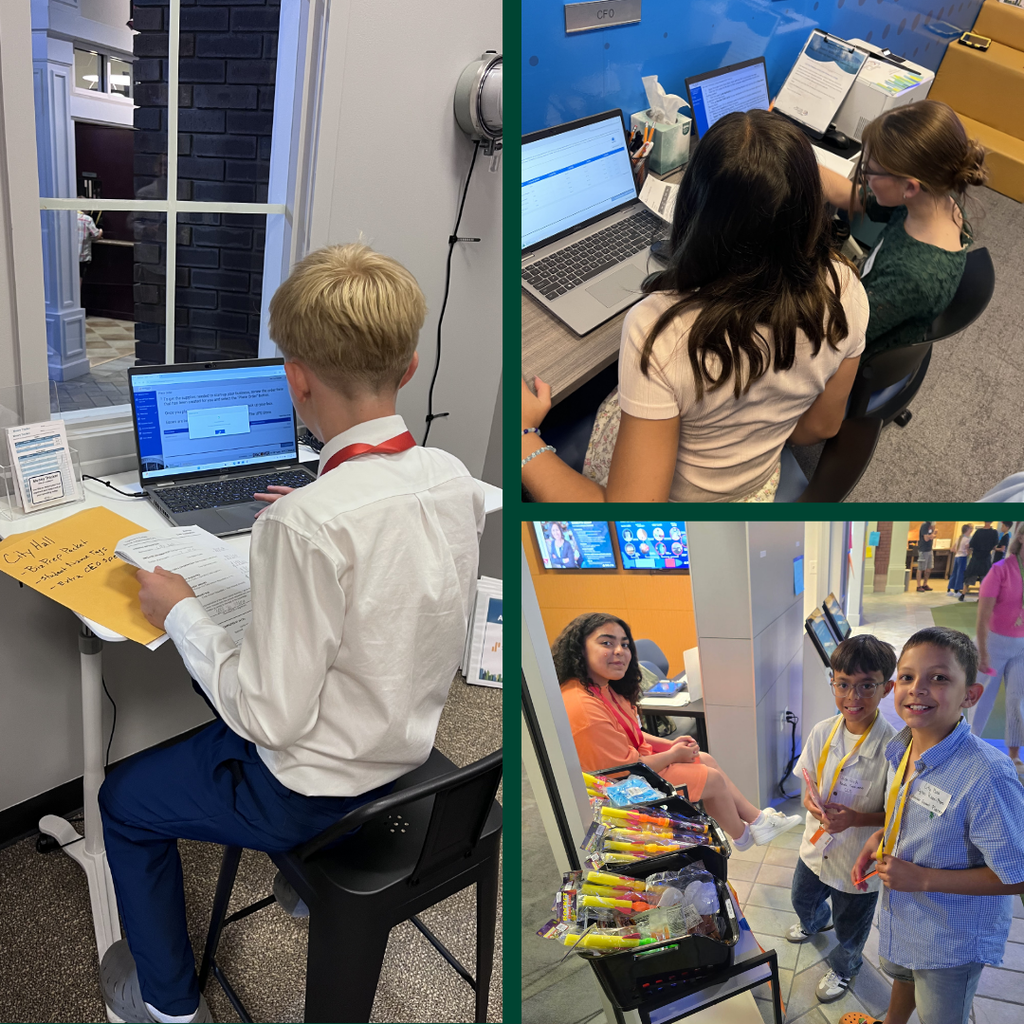 Photo collage of Bountiful Elementary 5th graders participating in JA City/BizTown. Students work at laptop stations, review paperwork, operate business materials, and collaborate in roles such as CFO and customer service inside the simulated city.