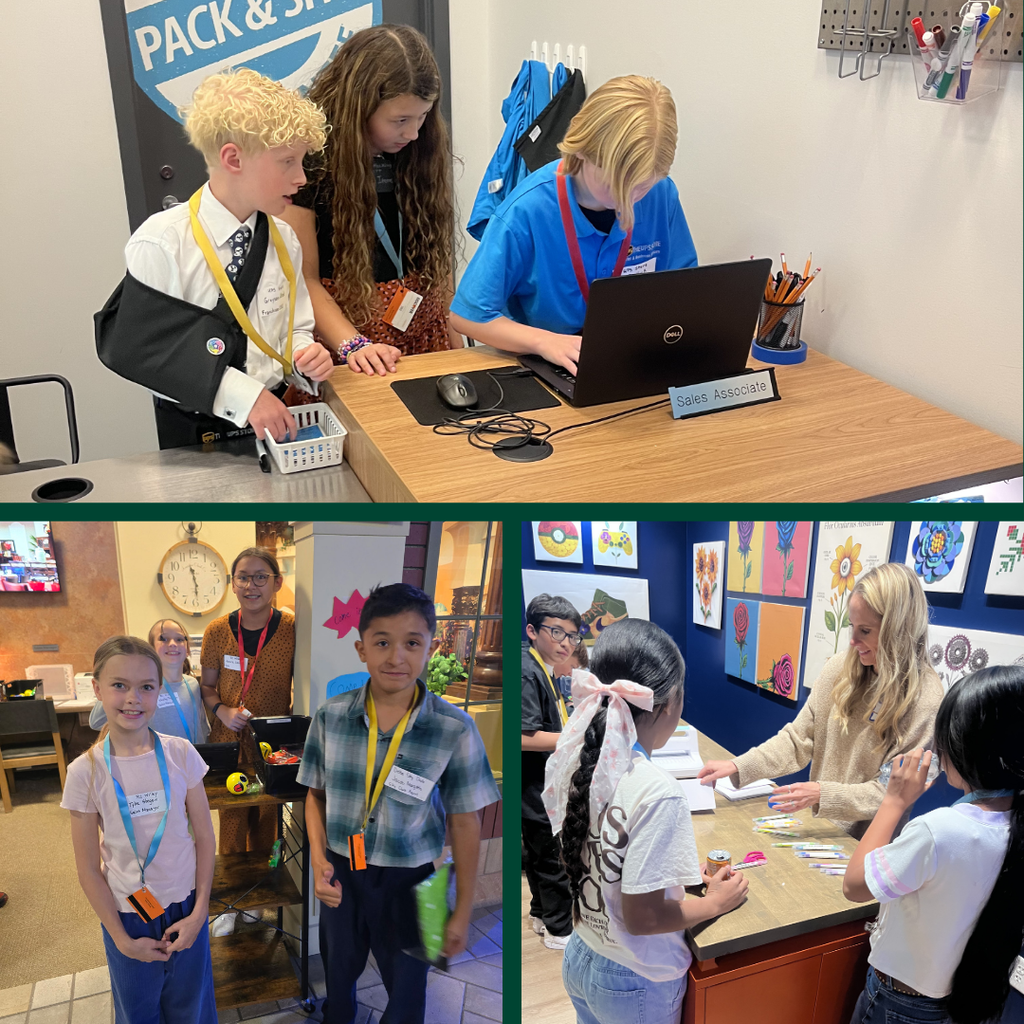 Photo collage from JA City/BizTown showing students acting as business employees and customers. Students use laptops, manage supplies, assist classmates, and work at stations labeled with real-world job roles, including sales associate.