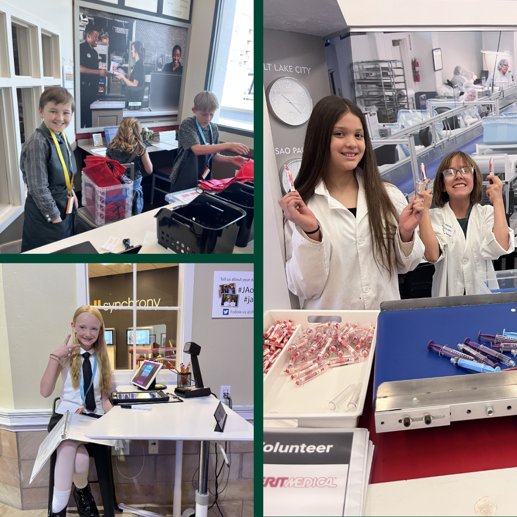 Photo collage from the JA City/BizTown field trip showing students in business and community roles. Students work at a food service station, sit at a business desk, and wear lab coats while helping at a medical-themed volunteer station with supplies.
