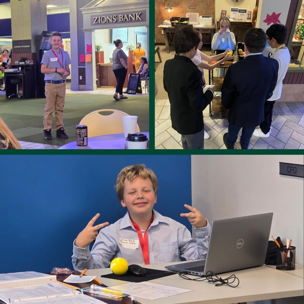Photo collage of Bountiful Elementary 5th graders during their JA City/BizTown experience. Students are pictured near Zions Bank, participating in business activities with classmates, and working at a CFO desk with a laptop, paperwork, and office supplies.