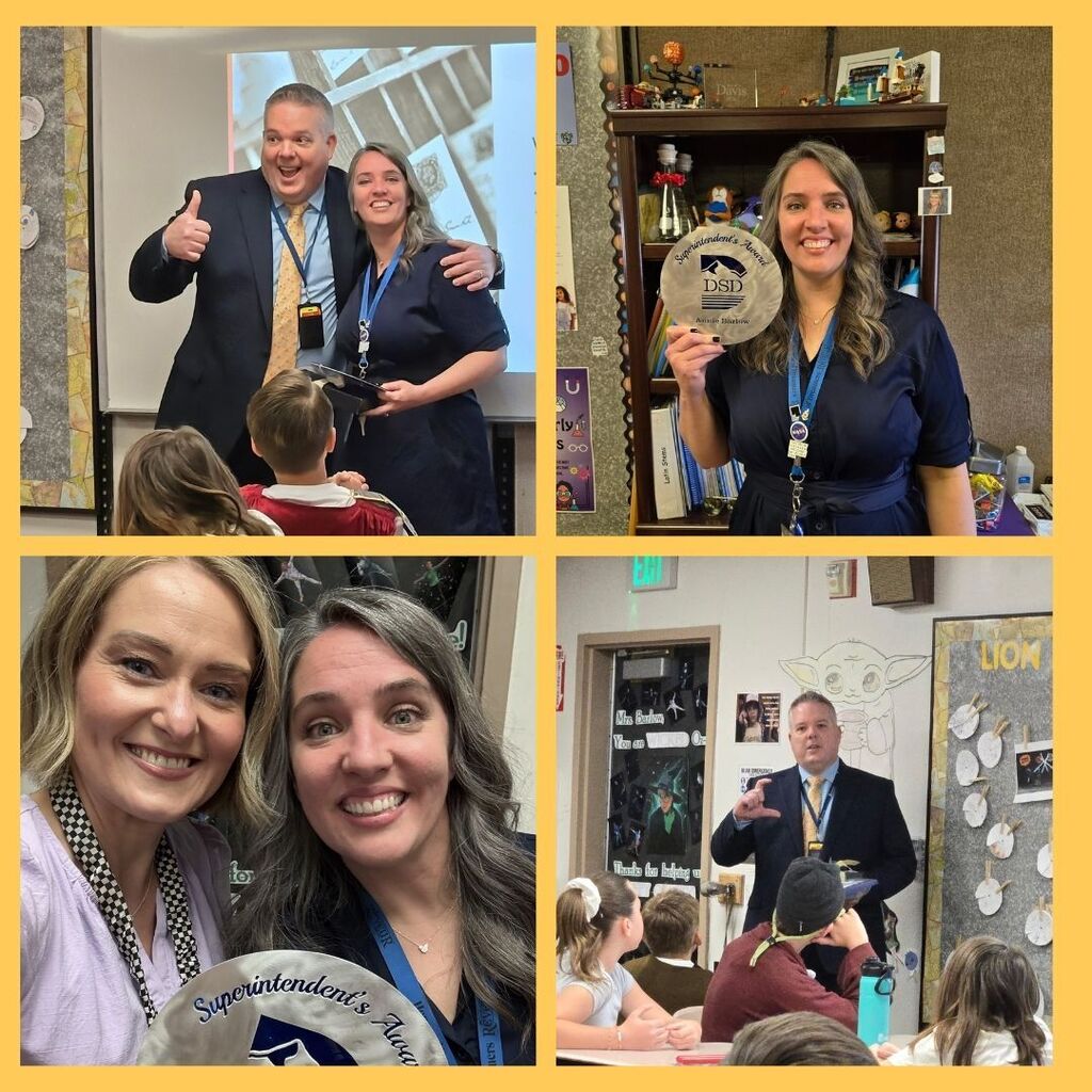Mrs. Barlow, Superintendent Linford, and Principal Lowery posing for pictures with and award.