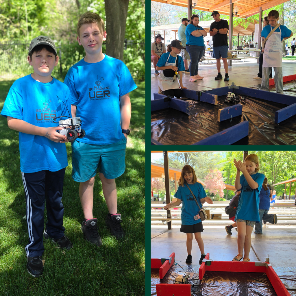 Photo collage from the UER Robotics aMAZEing Challenge at Lagoon. One photo shows two students posing with their robot outside, while the other photos show students watching their robot navigate a maze-style course with red and blue barriers.