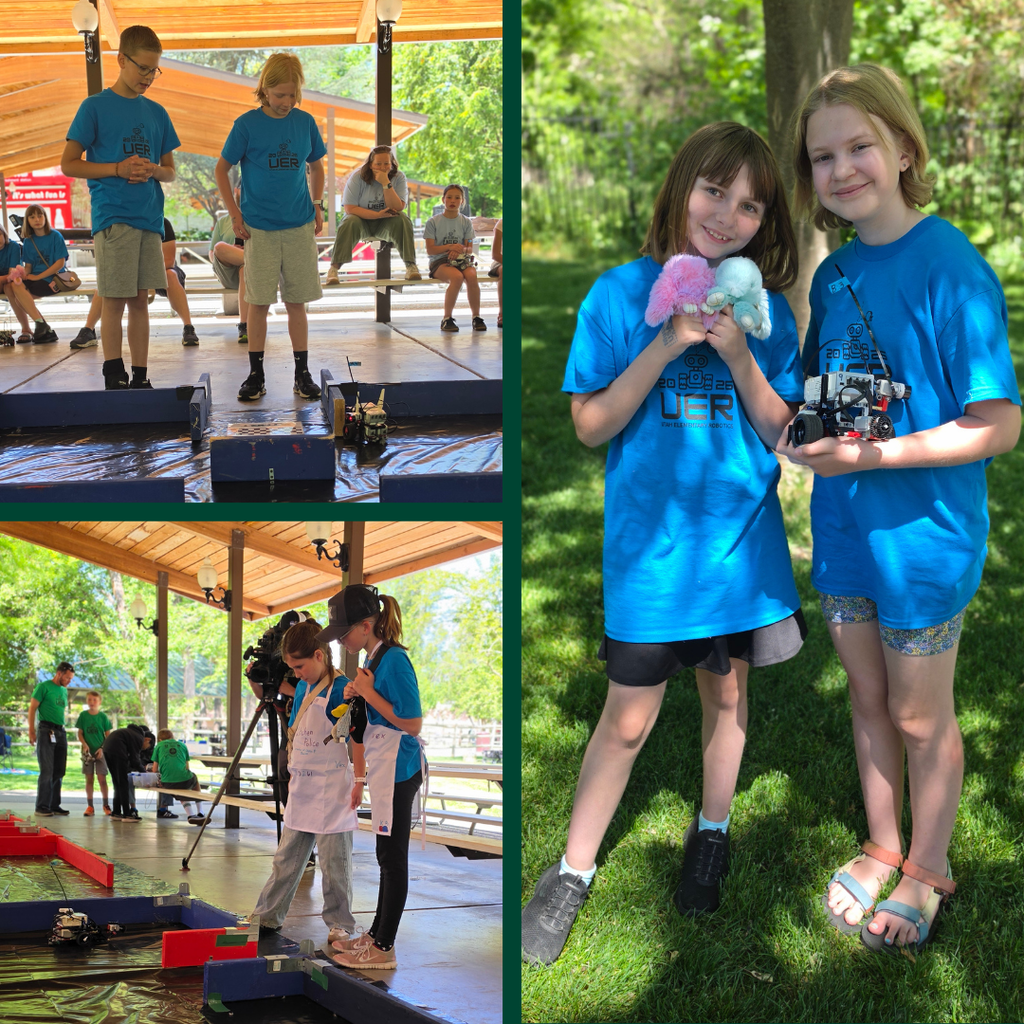 Photo collage of Bountiful Elementary students at the UER Robotics aMAZEing Challenge. Students in blue UER shirts stand near the maze course, observe their robot, and pose together outside with a robot and small stuffed animals.