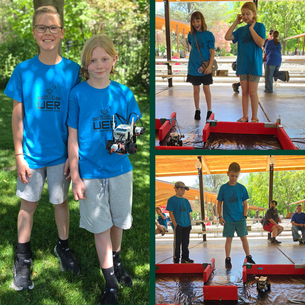 Photo collage from the UER Robotics competition showing two teams at Lagoon. Students pose with their robots outside and watch closely as their robots move through the maze-style challenge course under a pavilion.