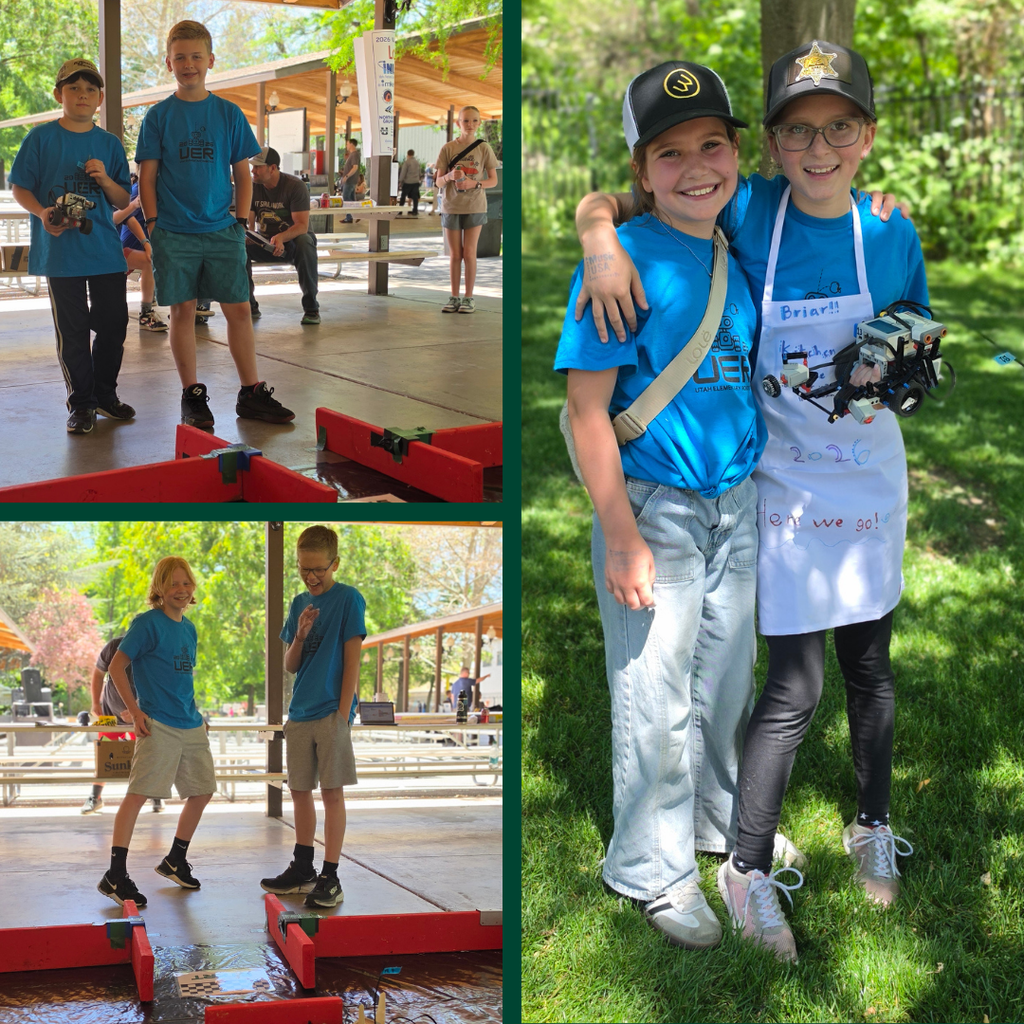 Photo collage of UER Robotics students during the aMAZEing Challenge at Lagoon. Students pose with robots, watch their robots attempt the maze course, and celebrate the day with teammates during USU’s Physics Day.