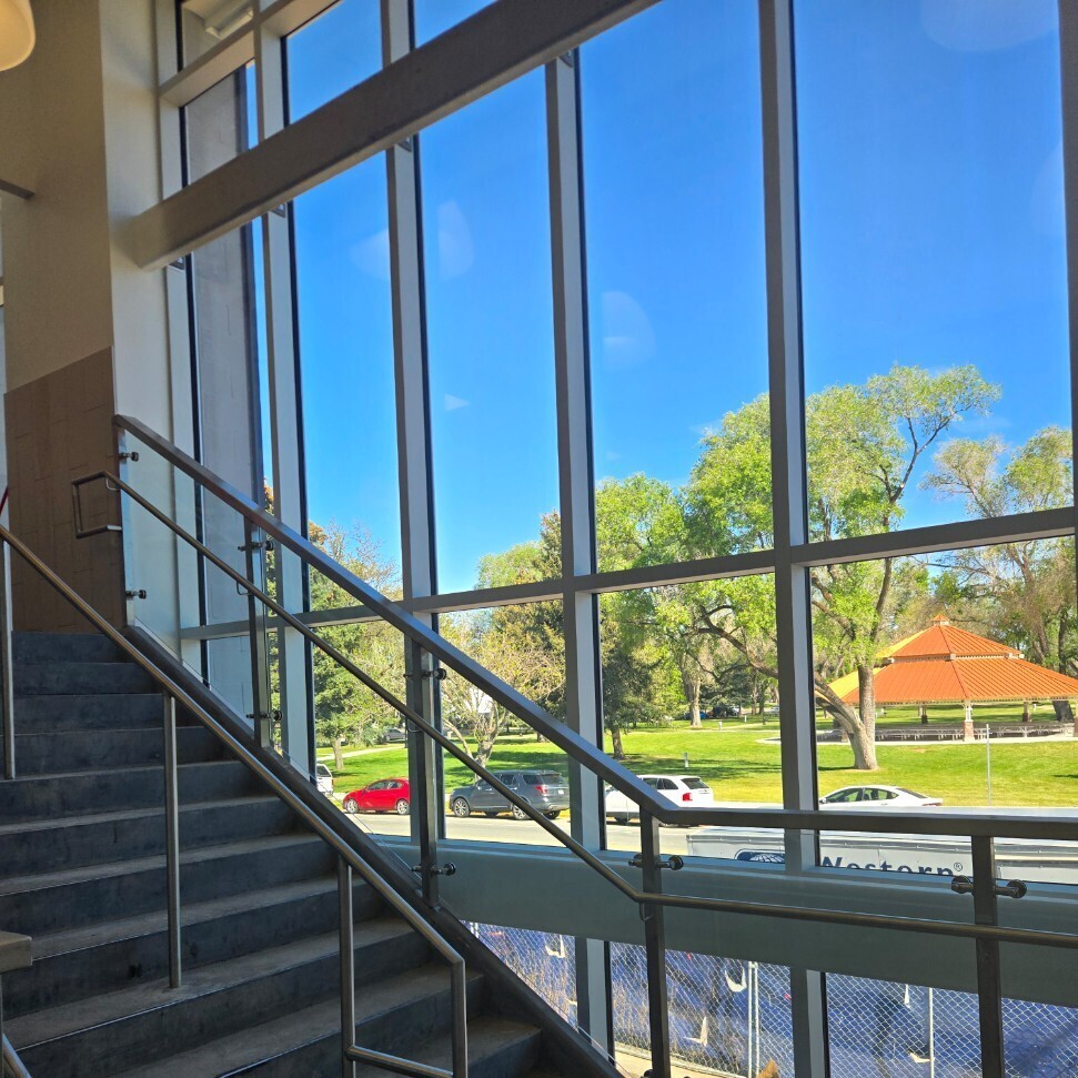 view of park outside from new stairs