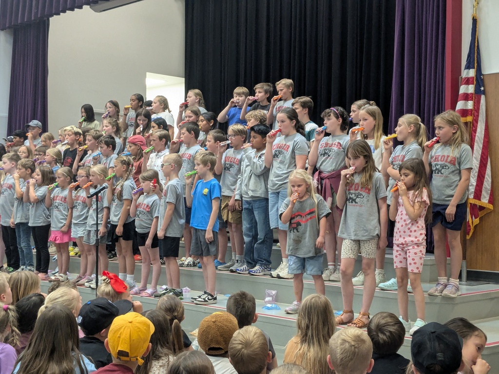 Choir students performing on stage at a school-wide assembly with kazoos!