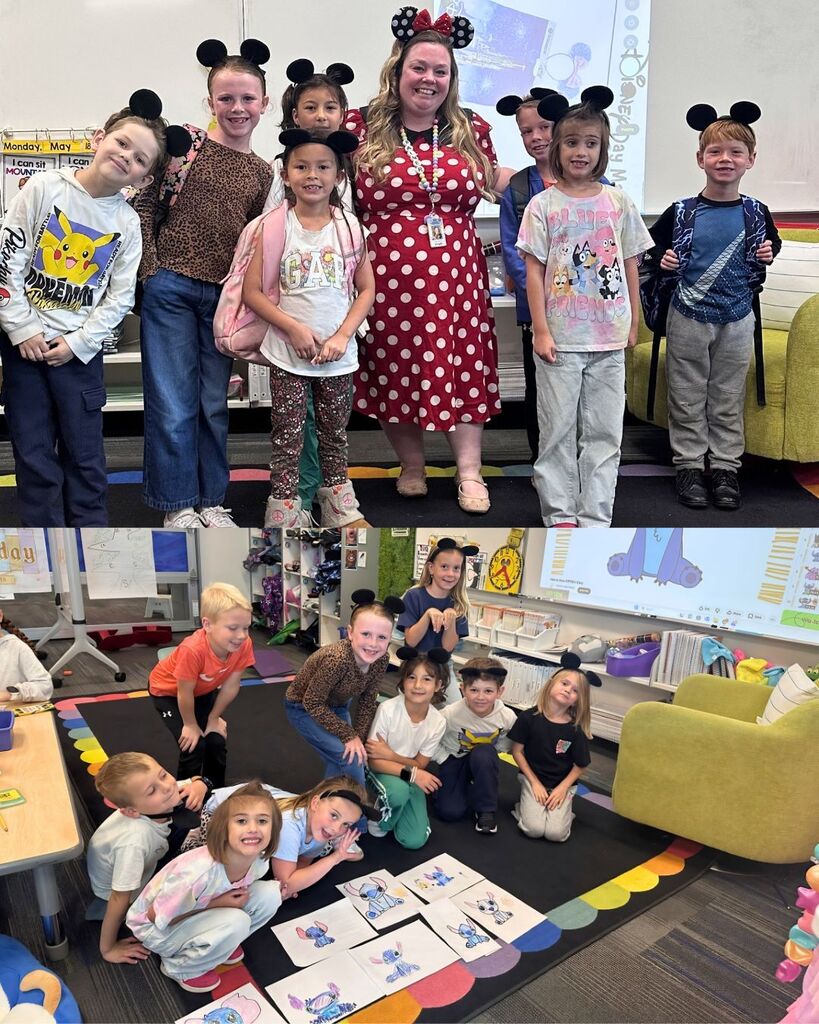 Elementary students and their teacher wear Mickey and Minnie Mouse ears during a Disney themed classroom day. In the top photo, the teacher stands smiling with students gathered around her. In the bottom photo, students pose on the classroom rug with Stitch drawings spread out in front of them.