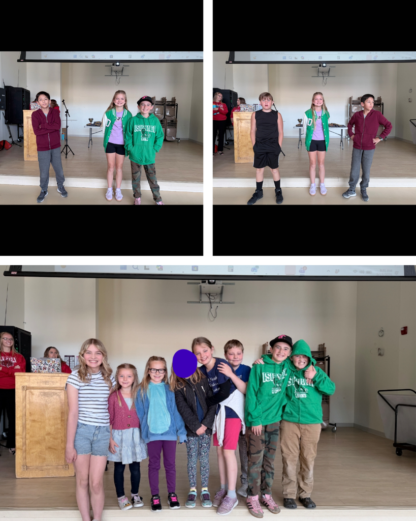 Alt Text: A three-panel photo collage of students on the gym stage.  Top left: A boy in a maroon hoodie, a girl in a green and white varsity jacket, and a boy in a green Isibindi hoodie stand spaced apart on the stage.  Top right: A boy in a black tank top, the same girl in the varsity jacket, and the same boy in the maroon hoodie stand on the stage.  Bottom: A cheerful group of eight elementary students stand close together in a line on the stage smiling, with one student's face hidden by a purple circle. Two of the boys on the right are wearing matching green Isibindi hoodies.