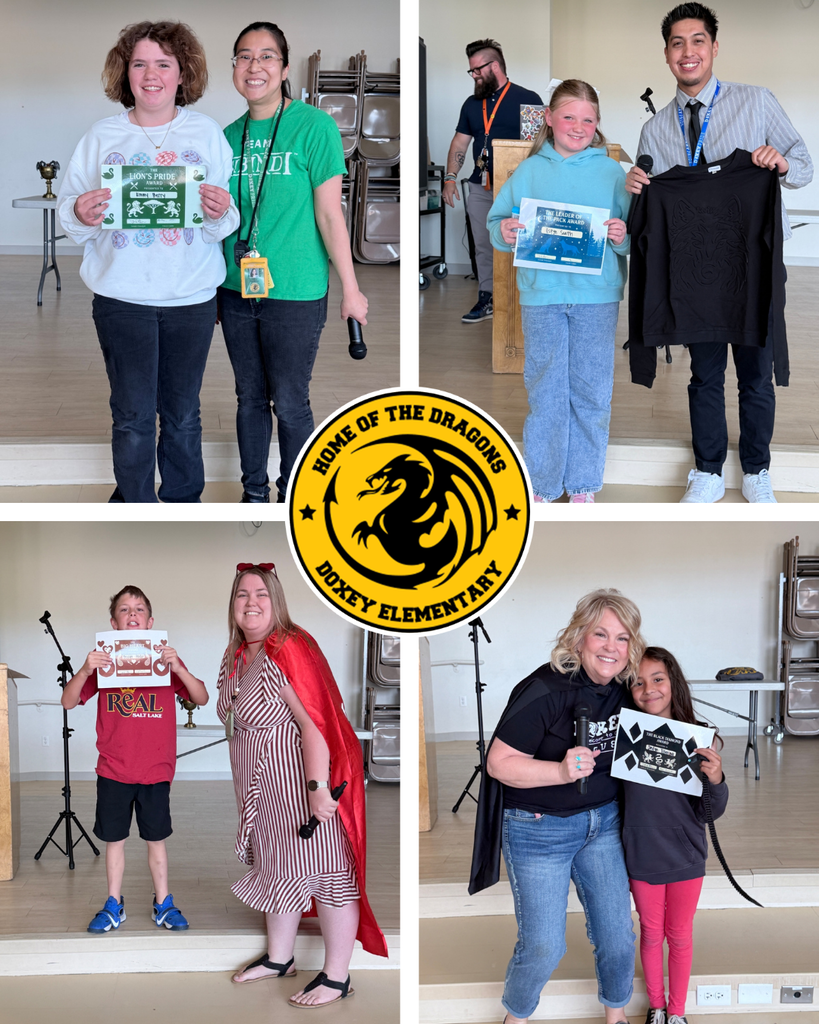 A four-panel photo collage featuring students and staff receiving awards at a school assembly, with a circular yellow "Doxey Elementary Home of the Dragons" logo in the center.  Top left: A young woman holding a green certificate that reads "The Lion's Pride Award" stands next to a smiling woman in a green shirt.  Top right: A smiling girl holding an award certificate stands next to a male teacher holding up a black hoodie featuring a wolf design.  Bottom left: A young boy wearing a red shirt holds his award certificate over his face while standing next to a smiling woman in a striped dress and a red cape.  Bottom right: A blonde woman holding a microphone smiles and hugs a young girl who is holding an award certificate.