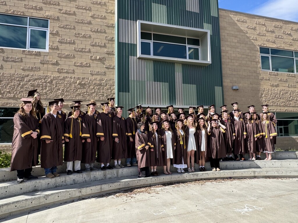 Davis High Graduates in cap and gown lined up on the steps of the playground.