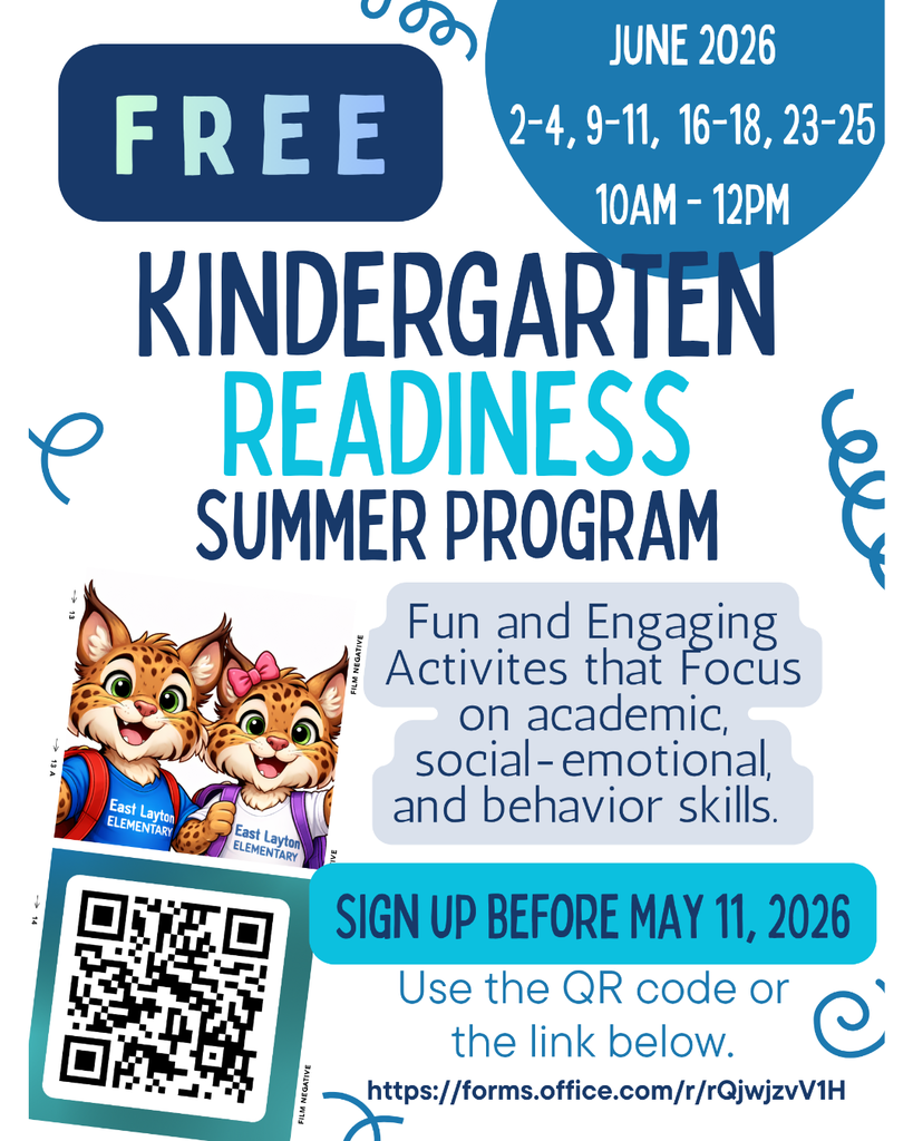 East Layton Elementary will have a kindergarten readiness program that runs the first four weeks in June from 10am to noon. Scan the QR code to sign up!
