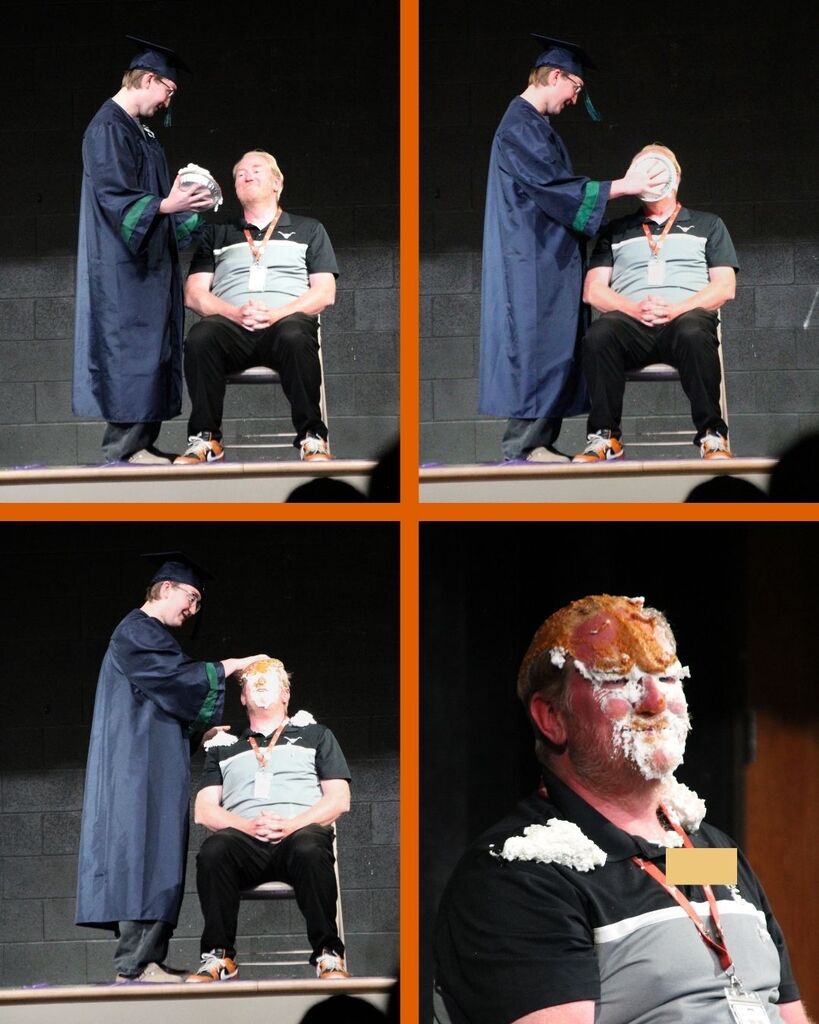 Mr. Shaw getting pied in the face by his High School Graduate Son