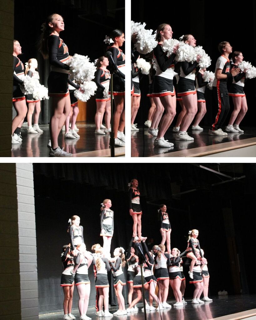 NLJH cheerleaders performing on stage during the assembly