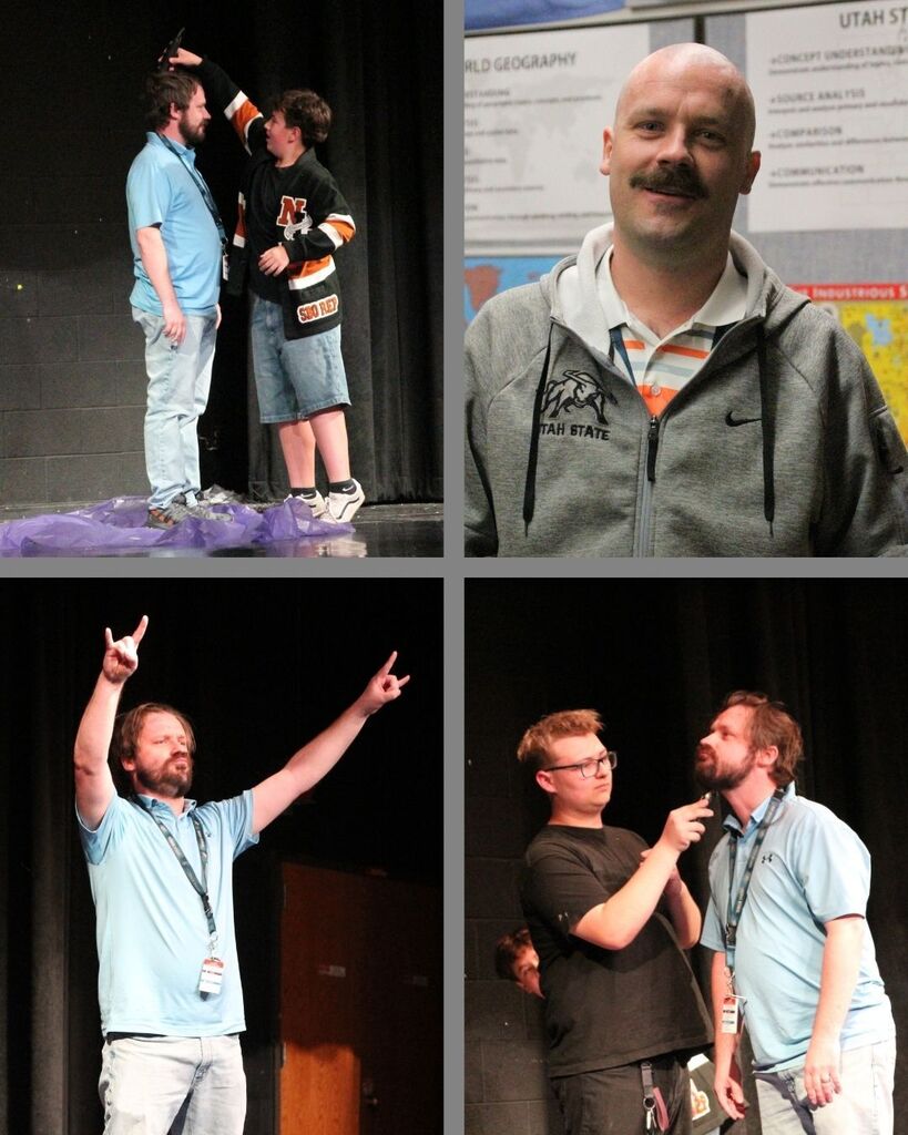 Mr. Swenson getting his head and beard shaved by students on stage