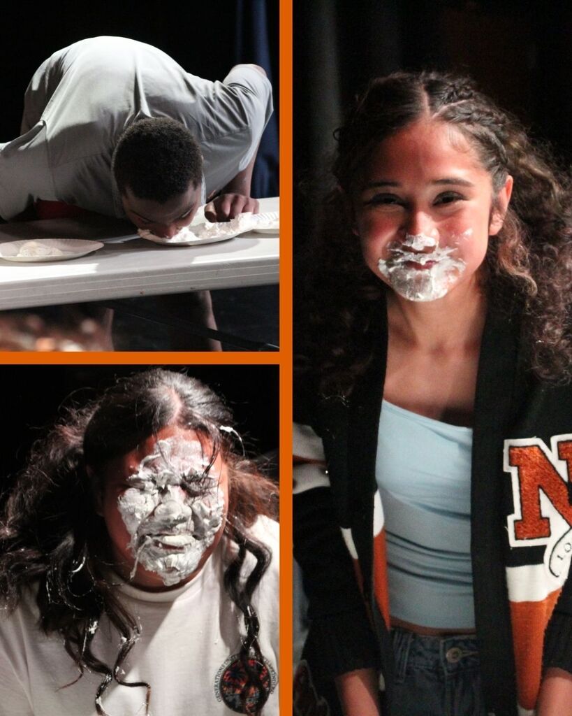 Students faces covered in cool whip after trying to find gummy worms in plates of cool whip