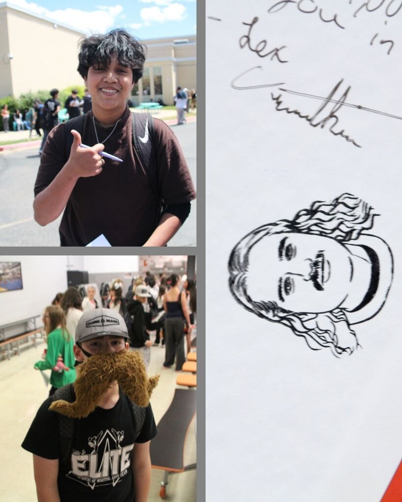 A student with a large mustache and another student giving a thumbs up as they are signing yearbooks