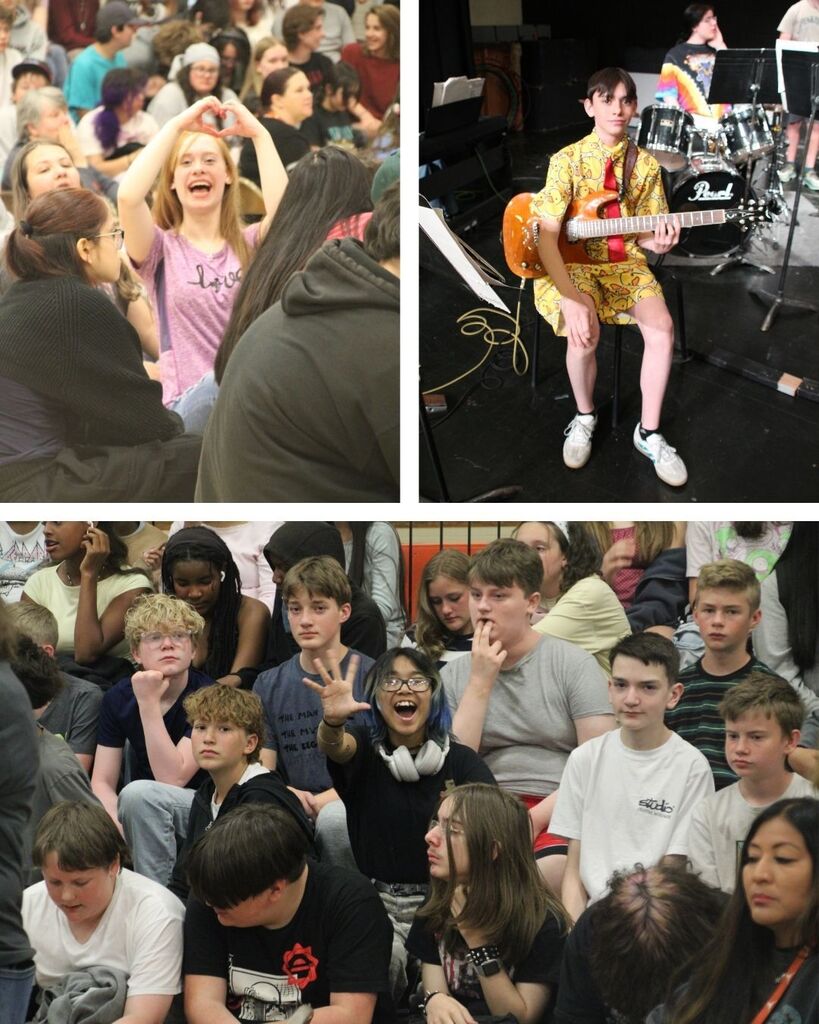 Students waving a the camera at the end of the year assembly