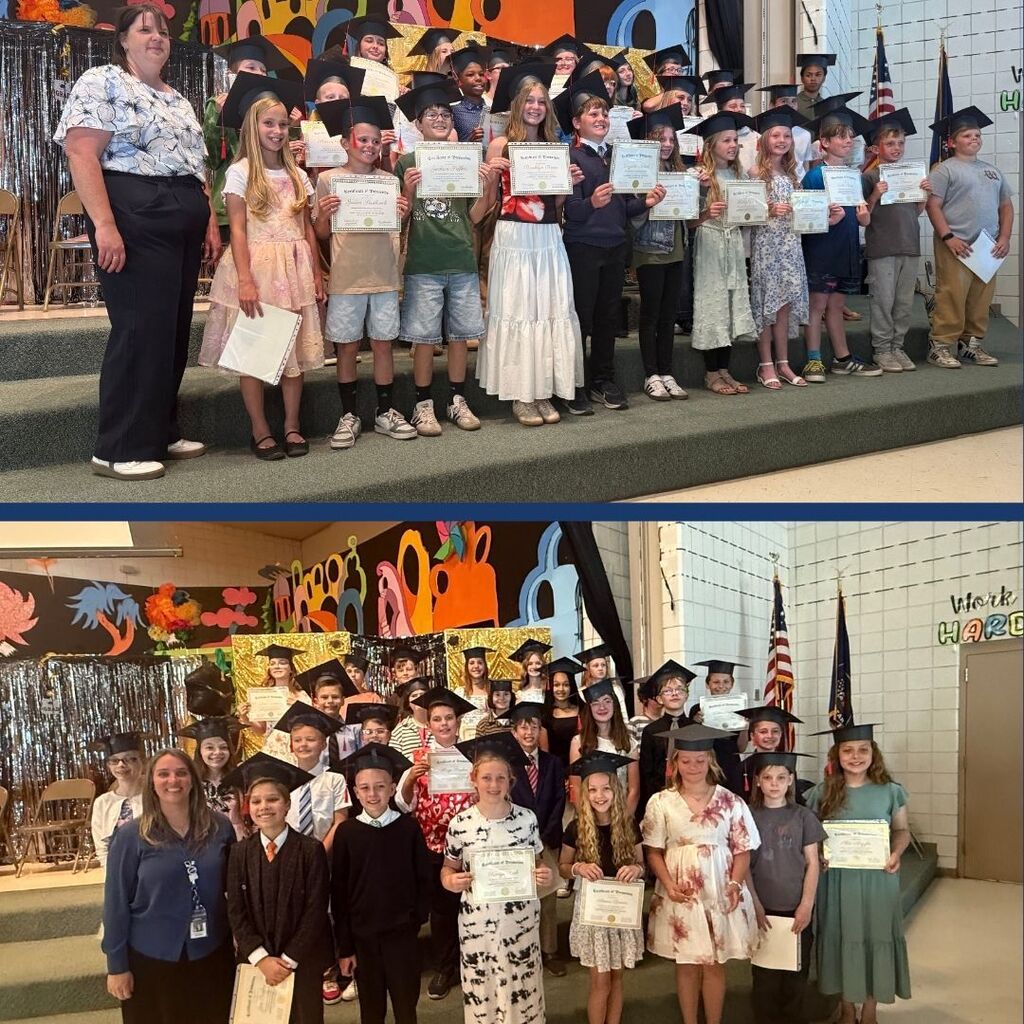 Teacher posing with their 6th Grade classes wearing paper graduation hats.