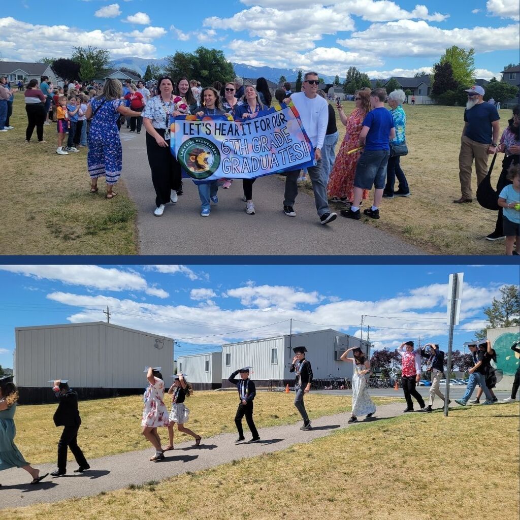 Teachers and 6th grade students walk around the track wearing paper graduation caps.