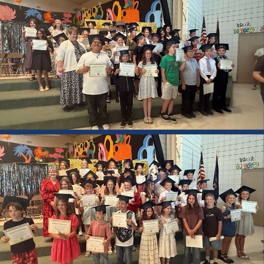 Teacher posing with their 6th Grade classes wearing paper graduation hats.
