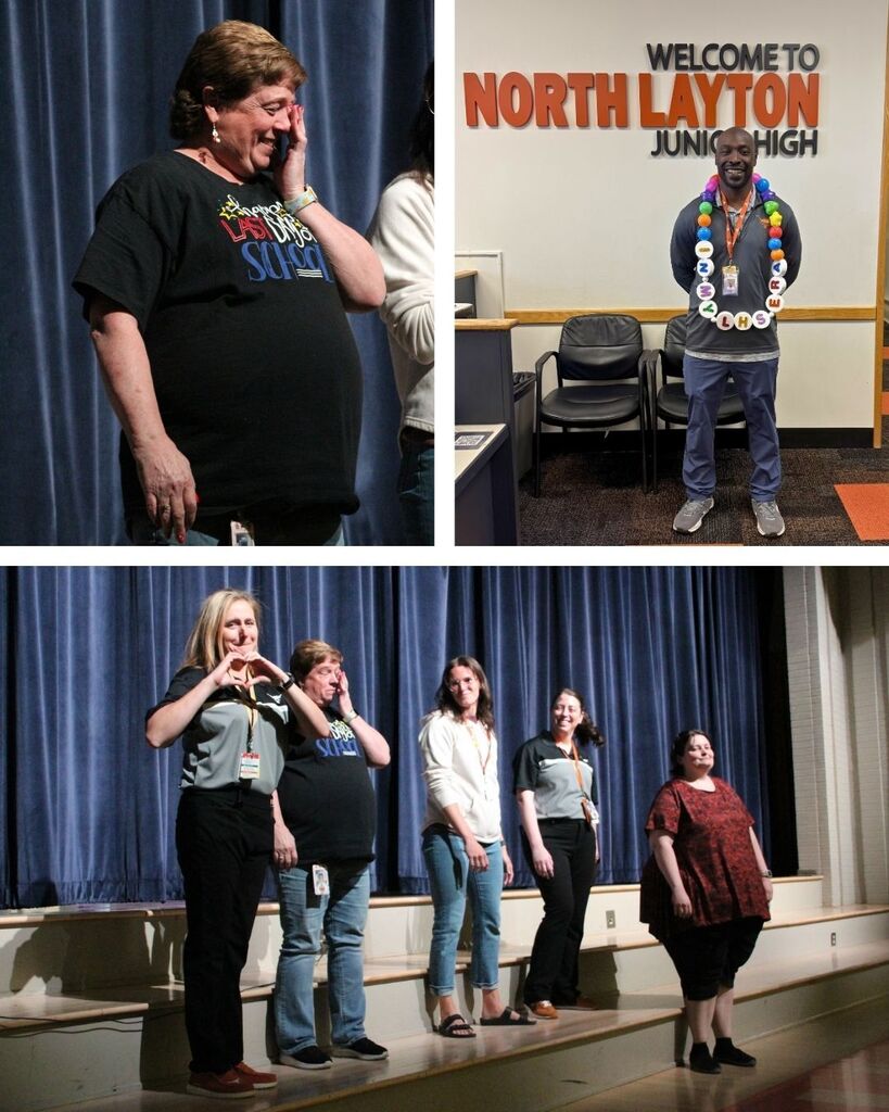 Teachers, Admin and a counselor stand on stage saying goodbye to the school as they leave for other schools next year