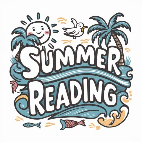summer reading photo with waves and a palm tree and sun