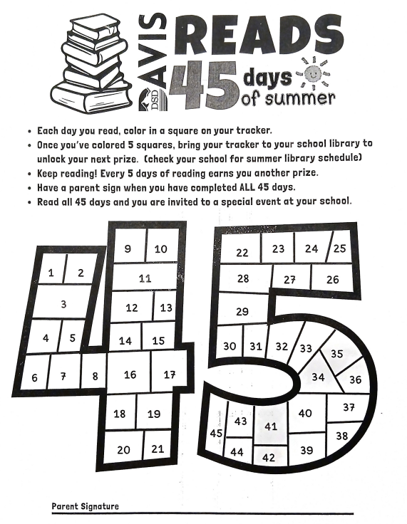 A black-and-white printable activity sheet titled "Davis Reads: 45 days of summer," featuring a logo with a stack of books and a smiling sun icon. Bulleted instructions explain how to color in a square on the tracker for each day read, bring the tracker to the school library every 5 days to unlock a prize, and have a parent sign upon completion to receive an invitation to a special school event. The lower half features a large graphic of the number "45" divided into individual numbered grid squares from 1 to 45 for tracking reading days, with a parent signature line at the very bottom.