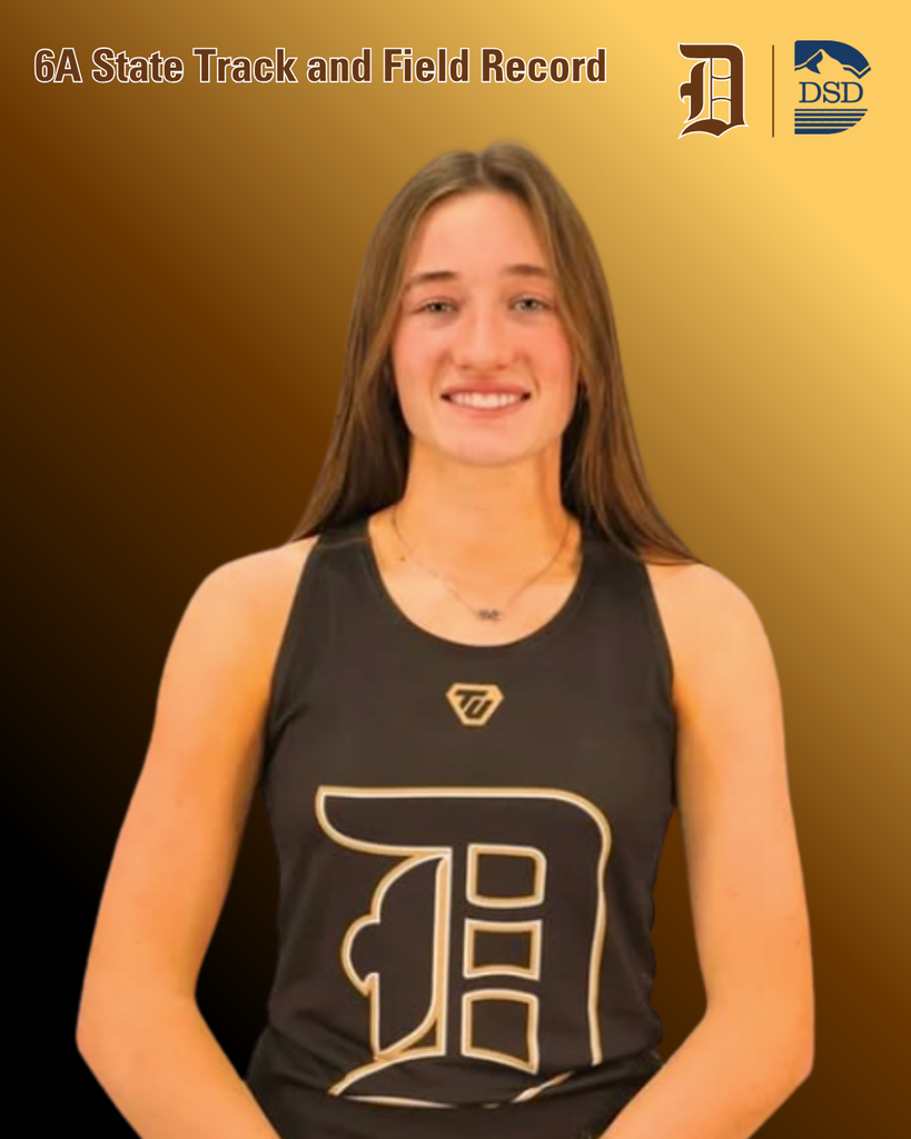 A student on a brown and gold background that says: "6A State Track and Field Record"
