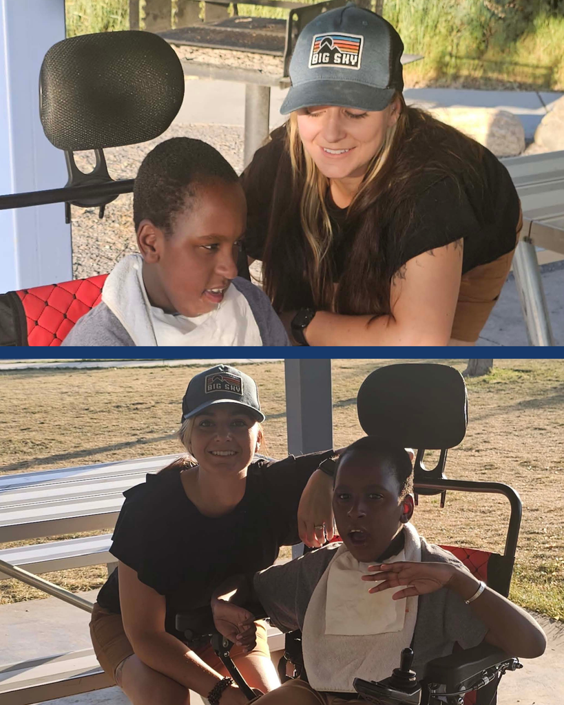 Two images of people smiling with a student.