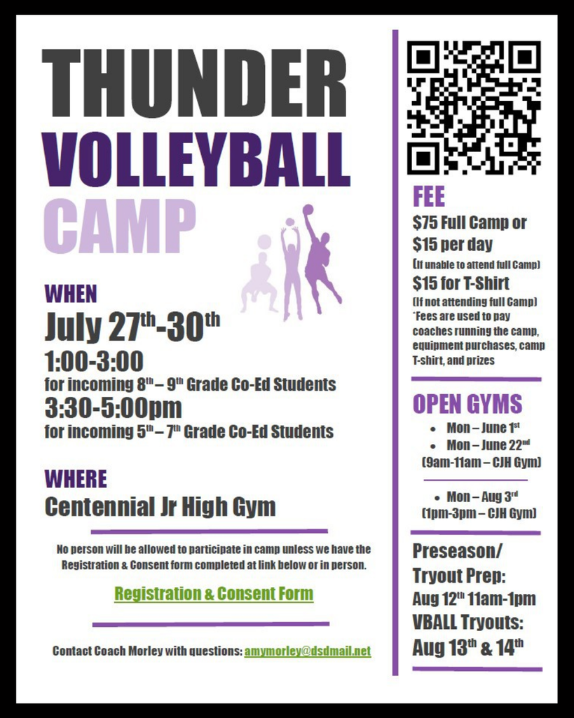 info on volleyball camp - july 27-30 1 to 5 depending on grade. at Centennial gym