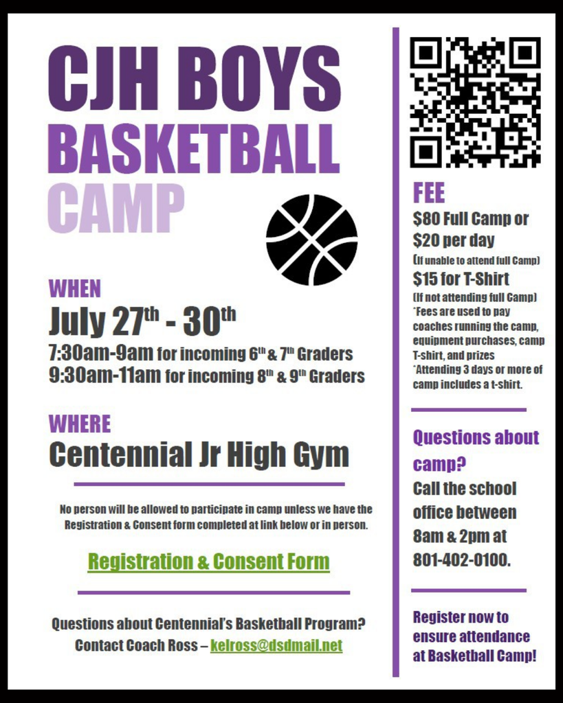 boys basketball camp. July 27-30 7:30-9am for 6-7 graders, 9:30-11am for 8th-9th graders