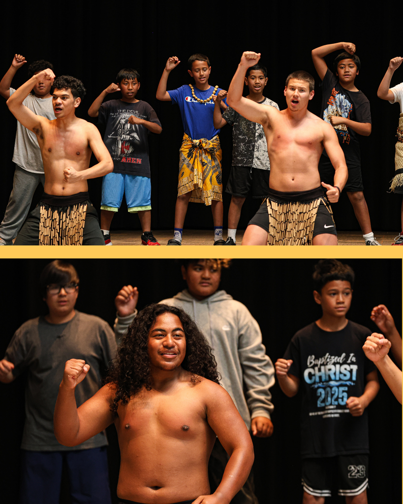 A collage of two images of students doing the hakka.
