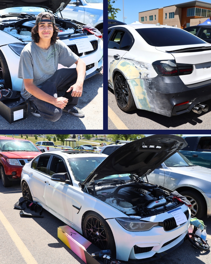 Students standing next to their cars at the Mountain High Car Show.