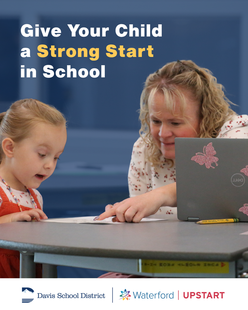 A teacher reading with a child. "Give your child a strong start in school"