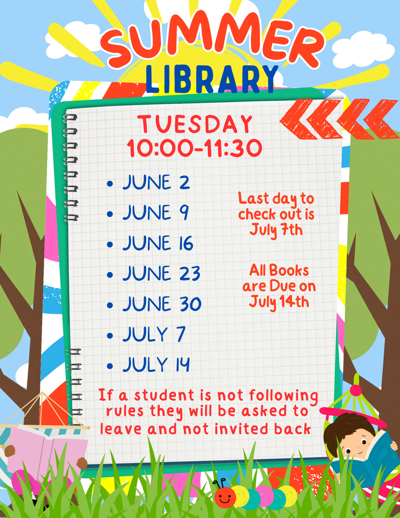 Summer Library information flyer with times